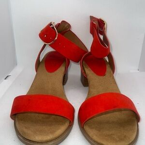 Red Ankle Strap Heeled Sandals Gold Buckle Open Toe‎ Block Heel Shoes